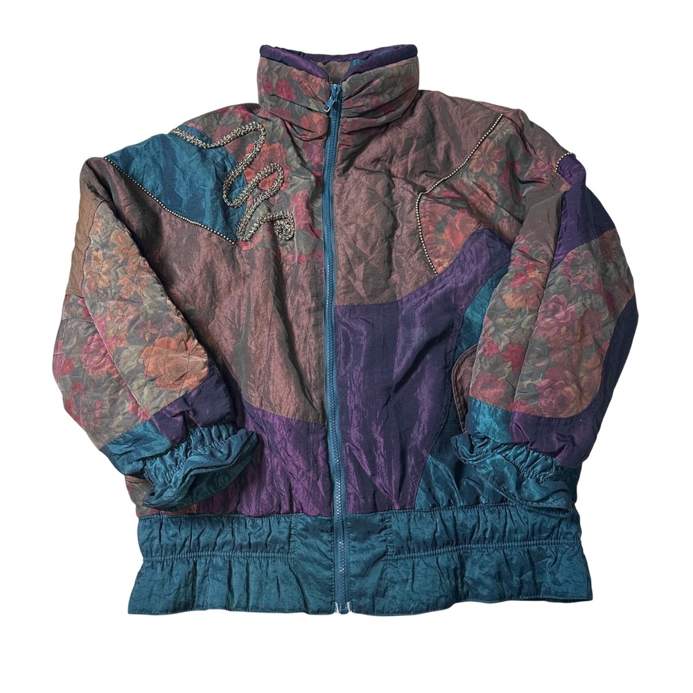 Innovations by IZZI Vintage 80s 90s Floral Patchwork Puffer Jacket Teal Purple S